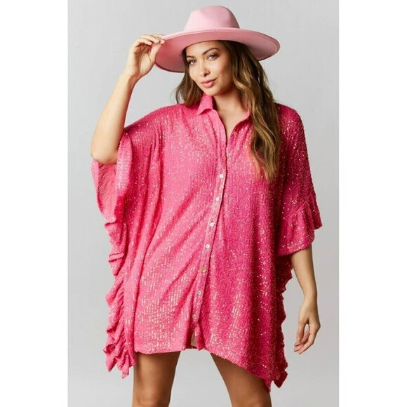 Sweet Dream Sequin Poncho Button-Down Tunic in Hot Pink - Picture 4 of 9